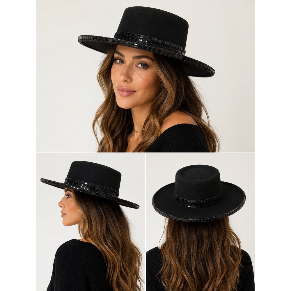 Bollman 100% Wool Felt Black‎ Wide Brim Sequin Trim Fedora Rancher Hat Women's